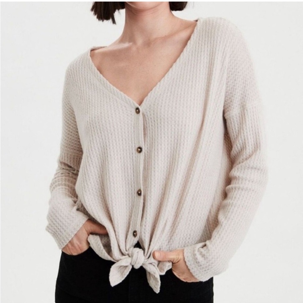 American Eagle Waffle Knit Button Down Front Tie Shirt NWT